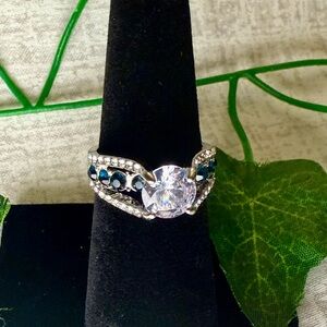 Stunning Hollow-Out CZ Ring w/Sapphire Blue & Clear Accents, Size 7
